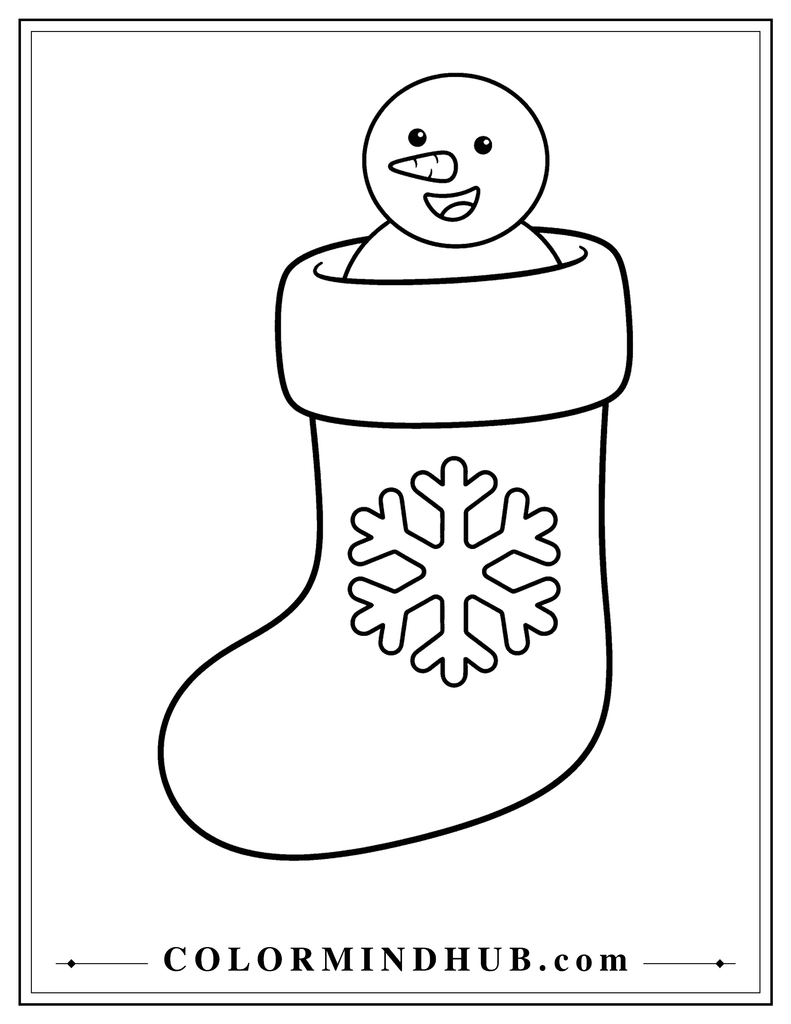 Large Christmas stocking with a cheerful snowman popping out from the top and a snowflake decoration - Christmas stocking coloring page