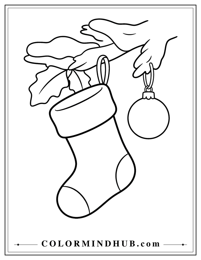 Large Christmas stocking hanging from a snowy evergreen branch with a round ornament - Christmas stocking coloring page