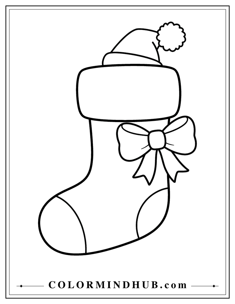Oversized Christmas stocking with a small Santa hat and large pom-pom sticking out from the top - Christmas stocking coloring page for kids