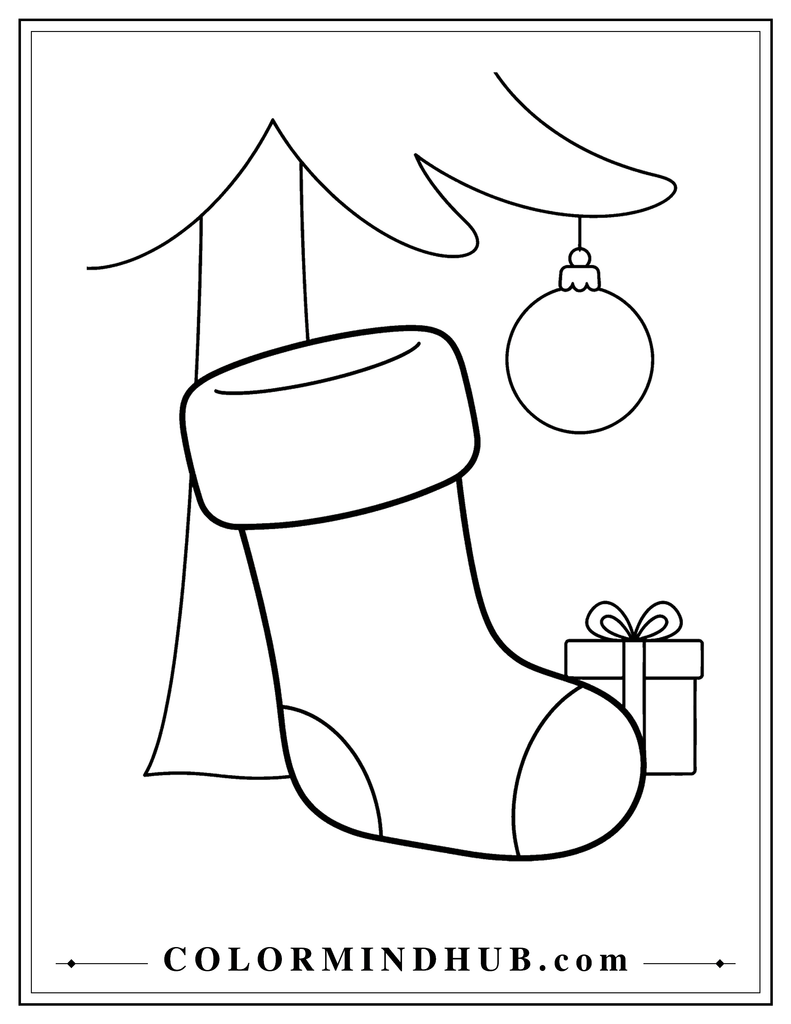 Large Christmas stocking resting beneath a Christmas tree with a round ornament and small gift beside it - Christmas stocking coloring page
