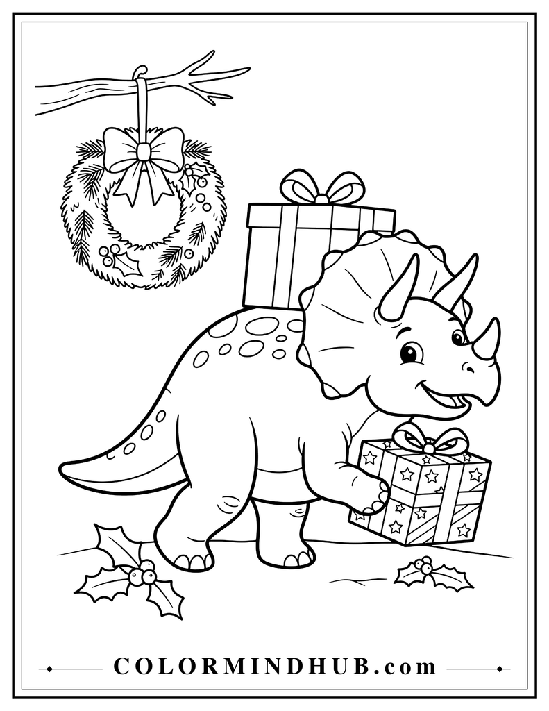 Triceratops happily carrying two large wrapped Christmas presents with a festive wreath nearby