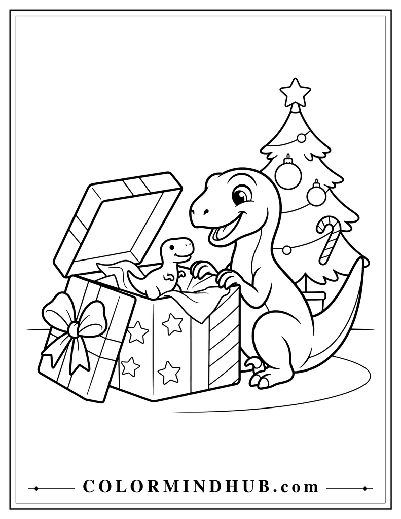 Playful Velociraptor opening a large Christmas present with a toy dinosaur inside