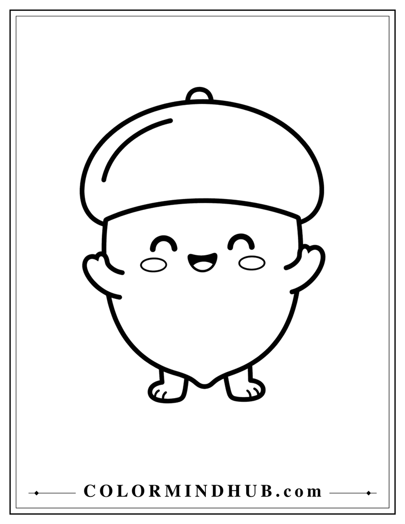 Adorable acorn character with a large simple cap, smiling face, tiny arms, and feet - Thanksgiving coloring page for kids