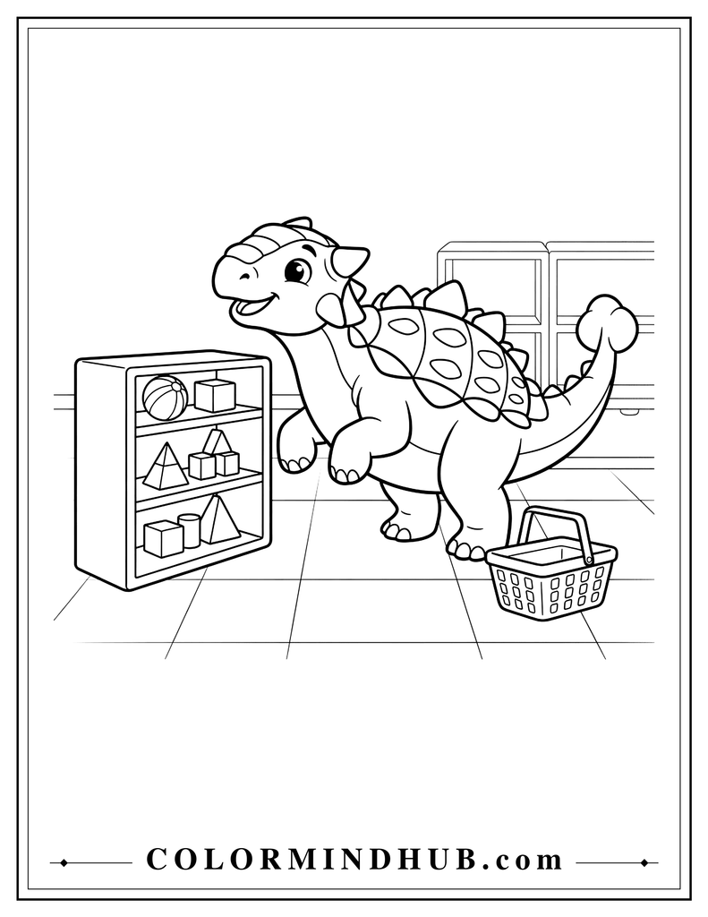 Cute Ankylosaurus looking at toys beside a small shelf with blocks and a ball