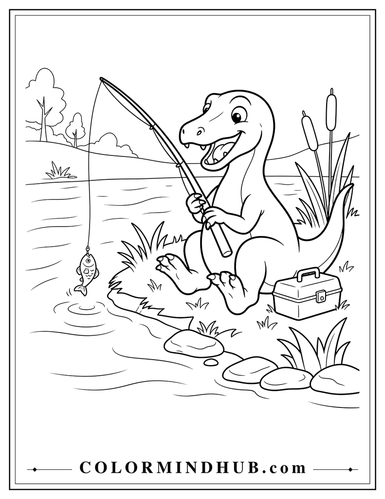 Cute Baryonyx fishing beside a quiet river with a fishing rod and small tackle box