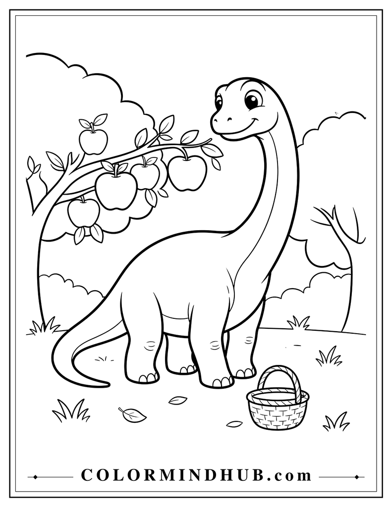 Cute Brachiosaurus reaching toward apples hanging from a small orchard tree