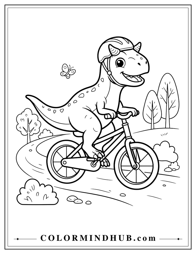 Cute Carnotaurus riding a small bicycle along a path with a helmet
