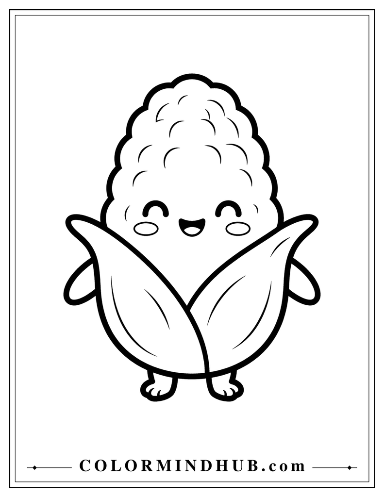 Adorable corn character with a smiling face, small leaf-like arms, and tiny feet - cute Thanksgiving coloring page