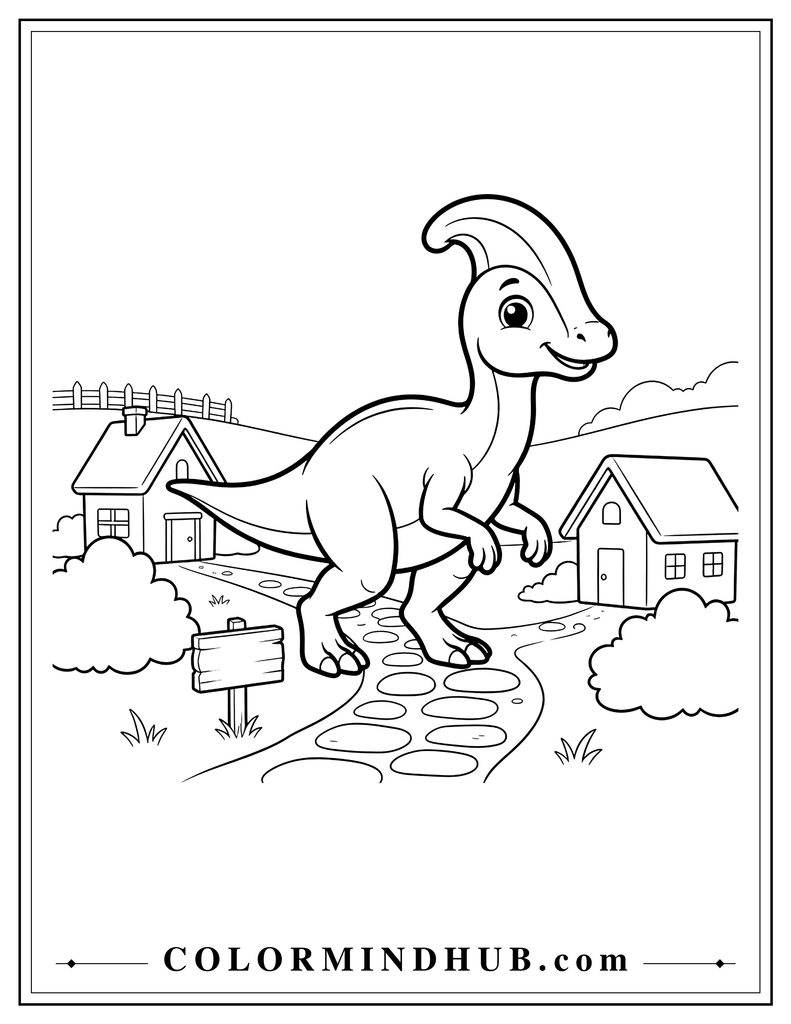 Cute Corythosaurus exploring a small village with simple houses and a stone path