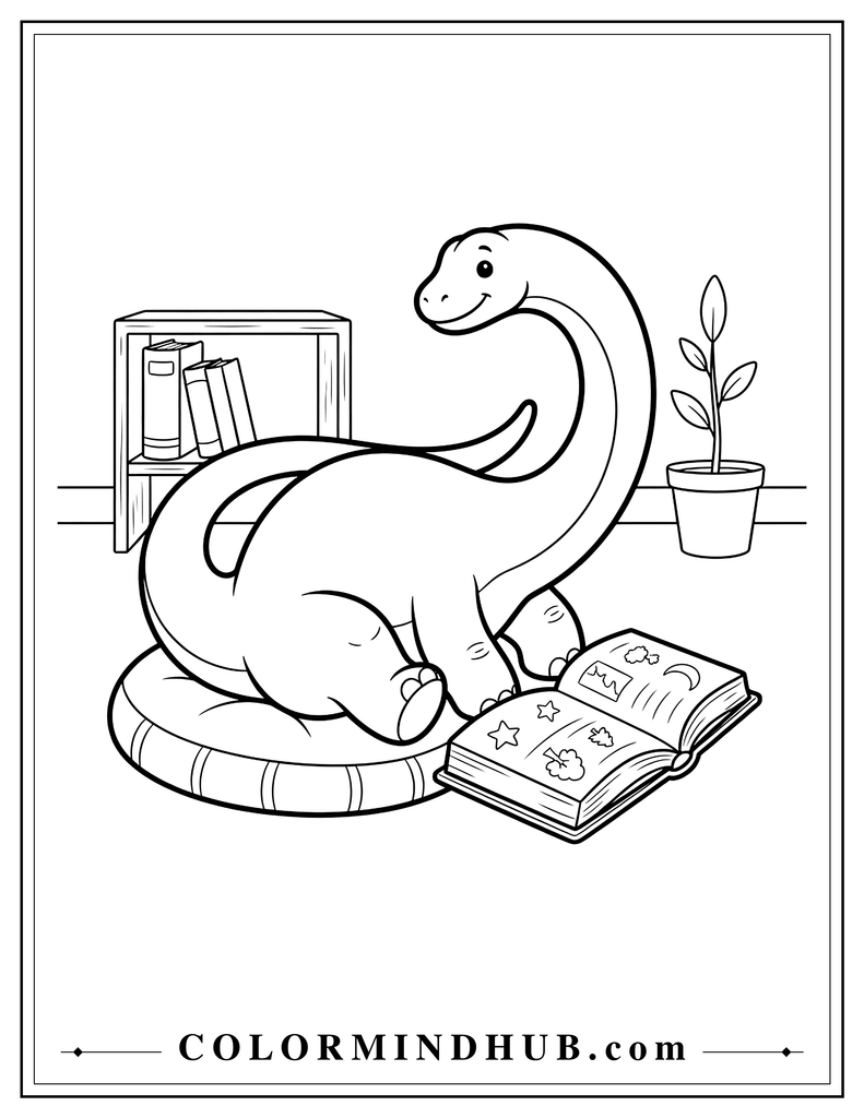 Cute Diplodocus relaxing with an open book beside a cushion and small bookshelf