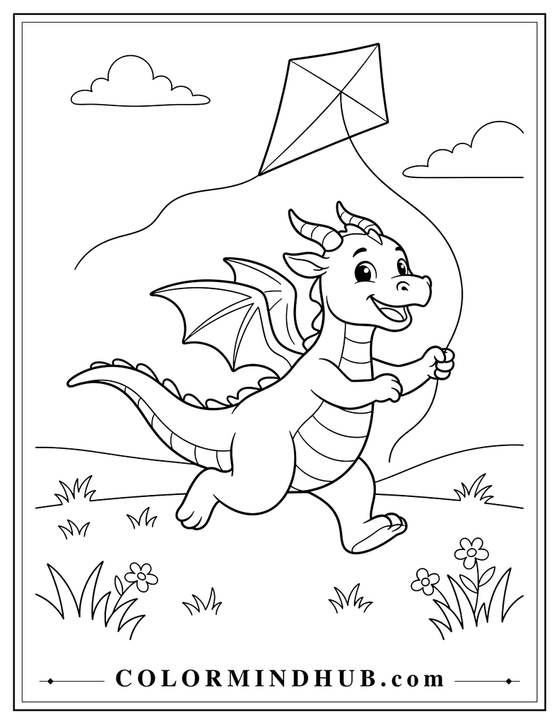 Cute dragon running across an open field while holding a large kite, with raised wings, flowing tail and simple clouds in the sky, fun printable dragon coloring page