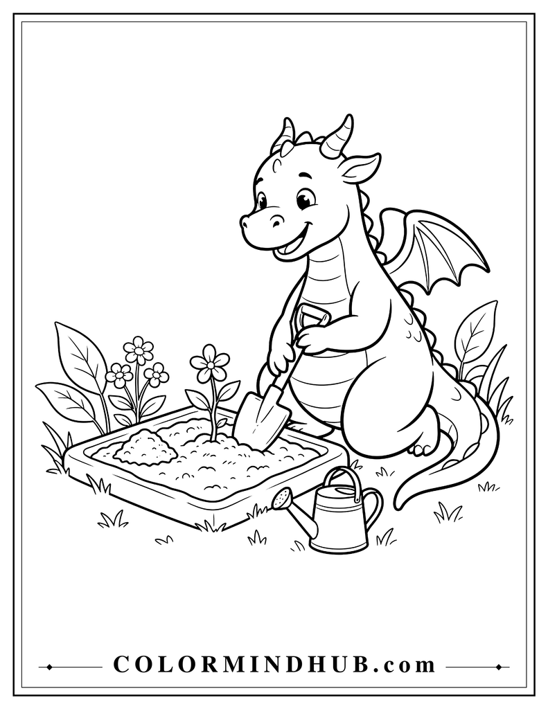 Cute friendly dragon planting a flower in a small garden using a gardening shovel, with a watering can and large leaves nearby, printable dragon coloring page
