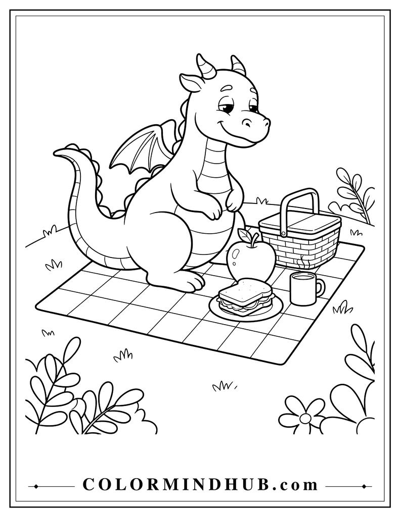 Cute dragon sitting on a picnic blanket enjoying a picnic with a basket, apple, sandwich and cup, simple outdoor scene for a printable dragon coloring page.