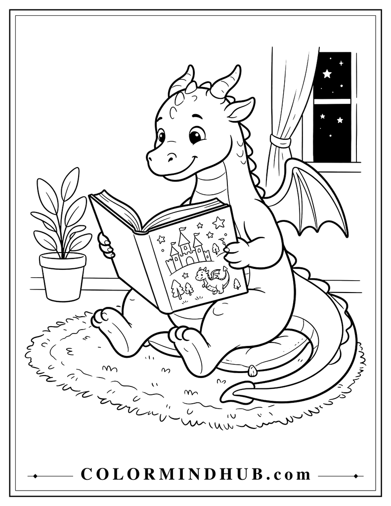 Cute dragon sitting and reading a large open storybook with a cushion beside it, friendly expression and curled tail, simple printable coloring page 
