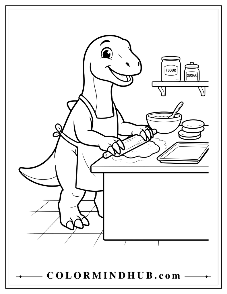 Cute Iguanodon making cookies with a rolling pin, mixing bowl, and baking tray