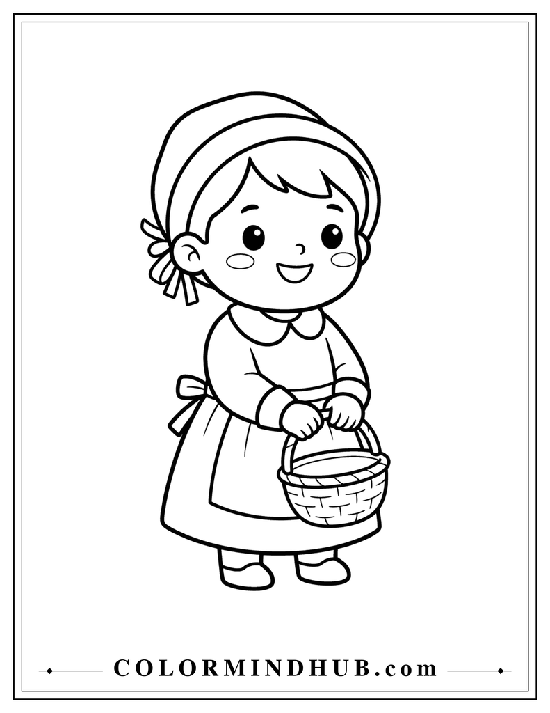 Adorable child wearing a simple pilgrim-inspired outfit and holding a small basket - Thanksgiving coloring page