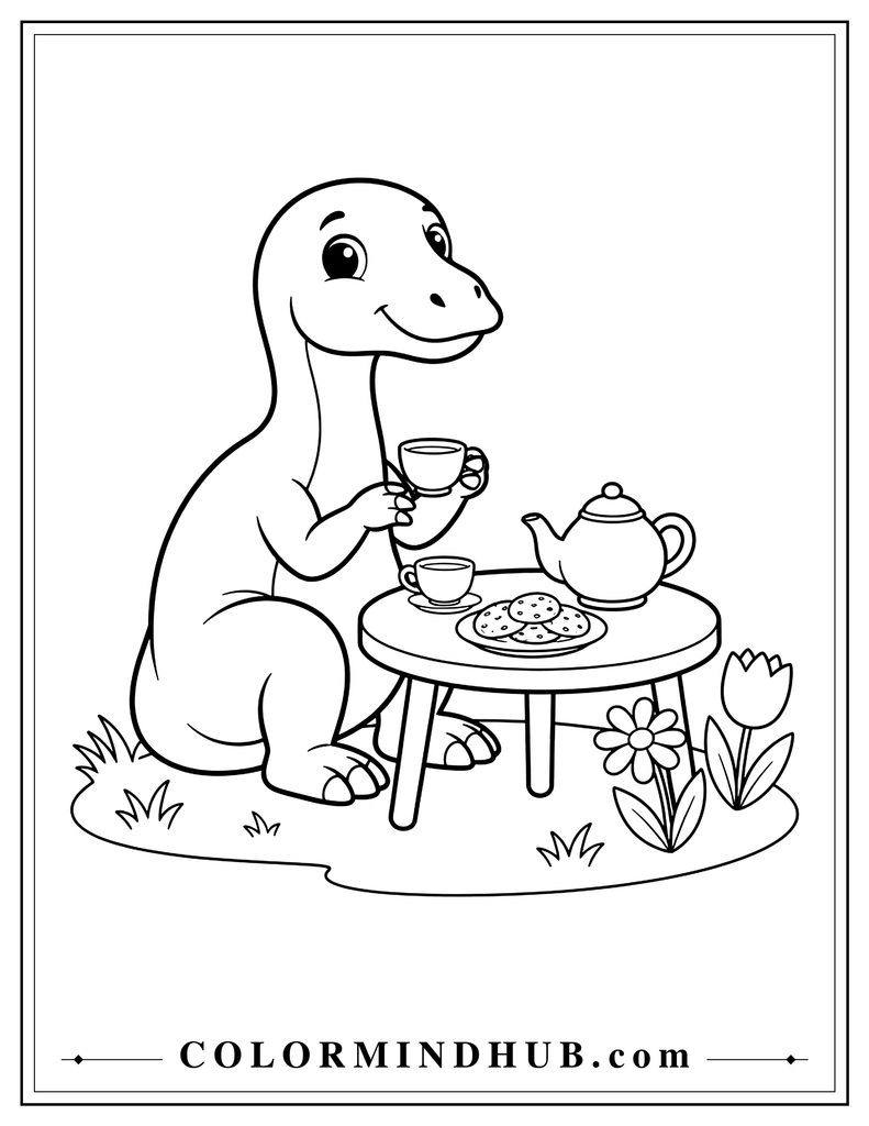 Cute Maiasaura enjoying a little tea party with cups, teapot, and cookies