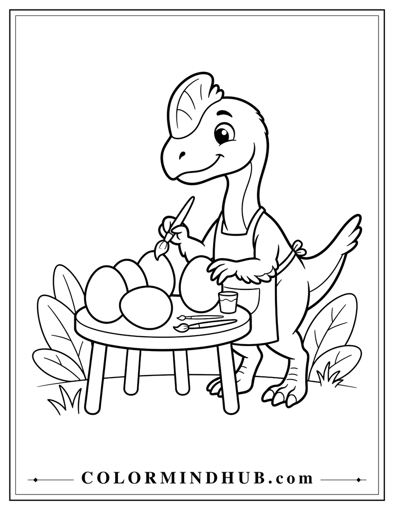Cute Oviraptor decorating large eggs with a paintbrush at a craft table