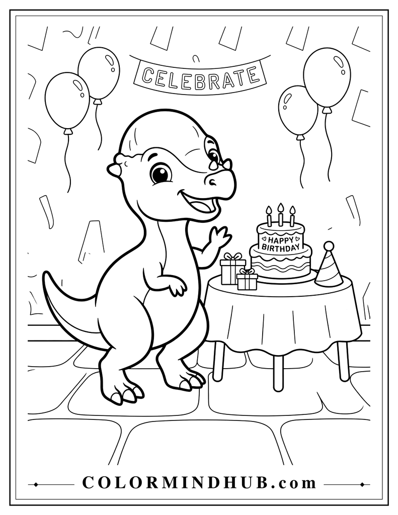 Cute Pachycephalosaurus celebrating beside a birthday cake, presents, and balloons