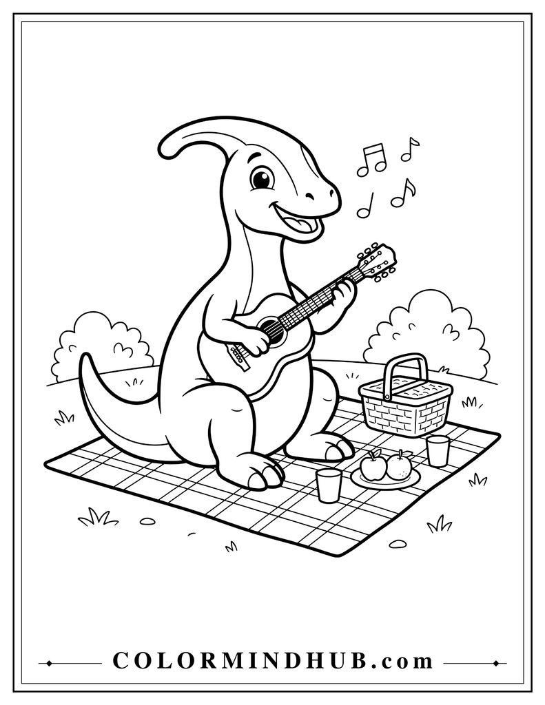 Cute Parasaurolophus playing a small guitar during a picnic