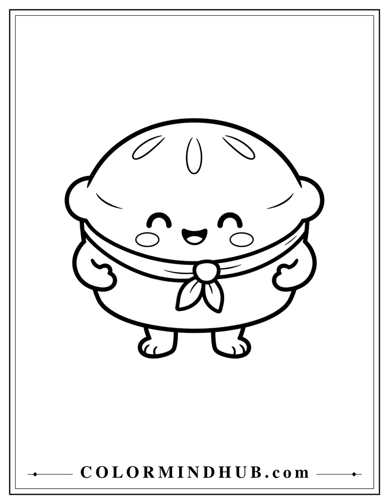 Cute round pie character wearing a small scarf and smiling happily - Thanksgiving coloring page for kids