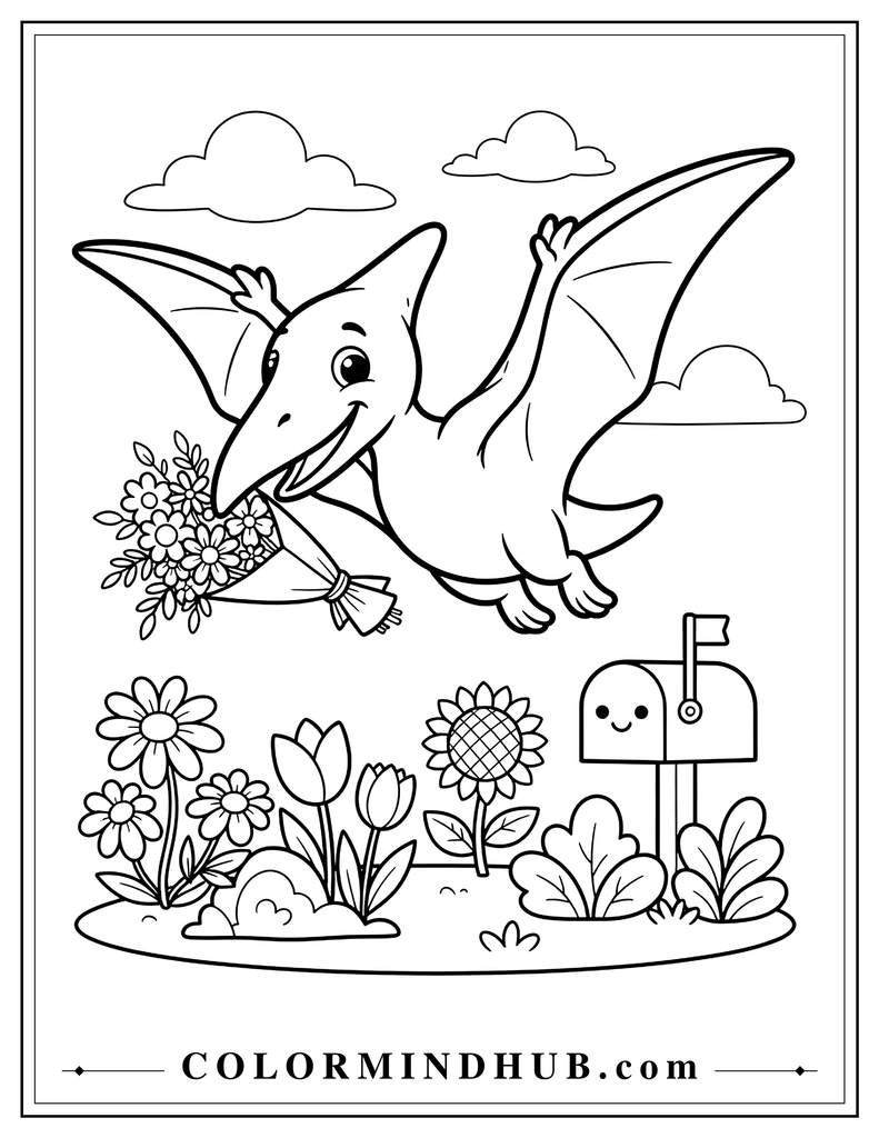Cute Pteranodon flying with a small bouquet of flowers over a simple garden