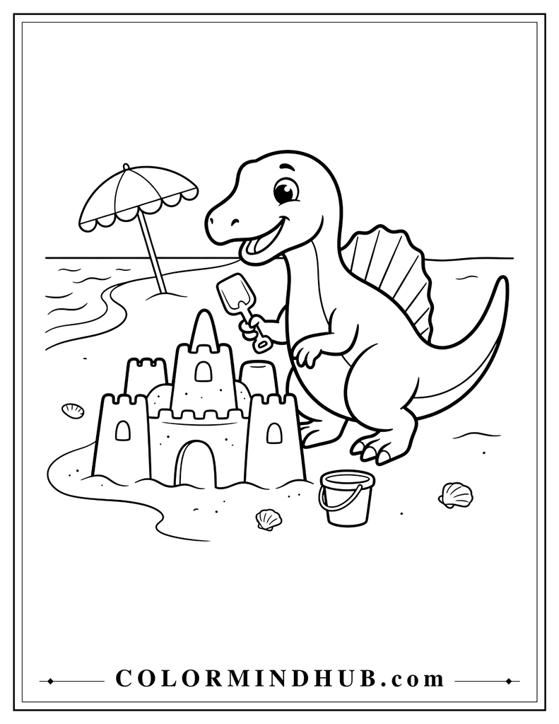 Cute Spinosaurus building a sandcastle with a small shovel at the beach