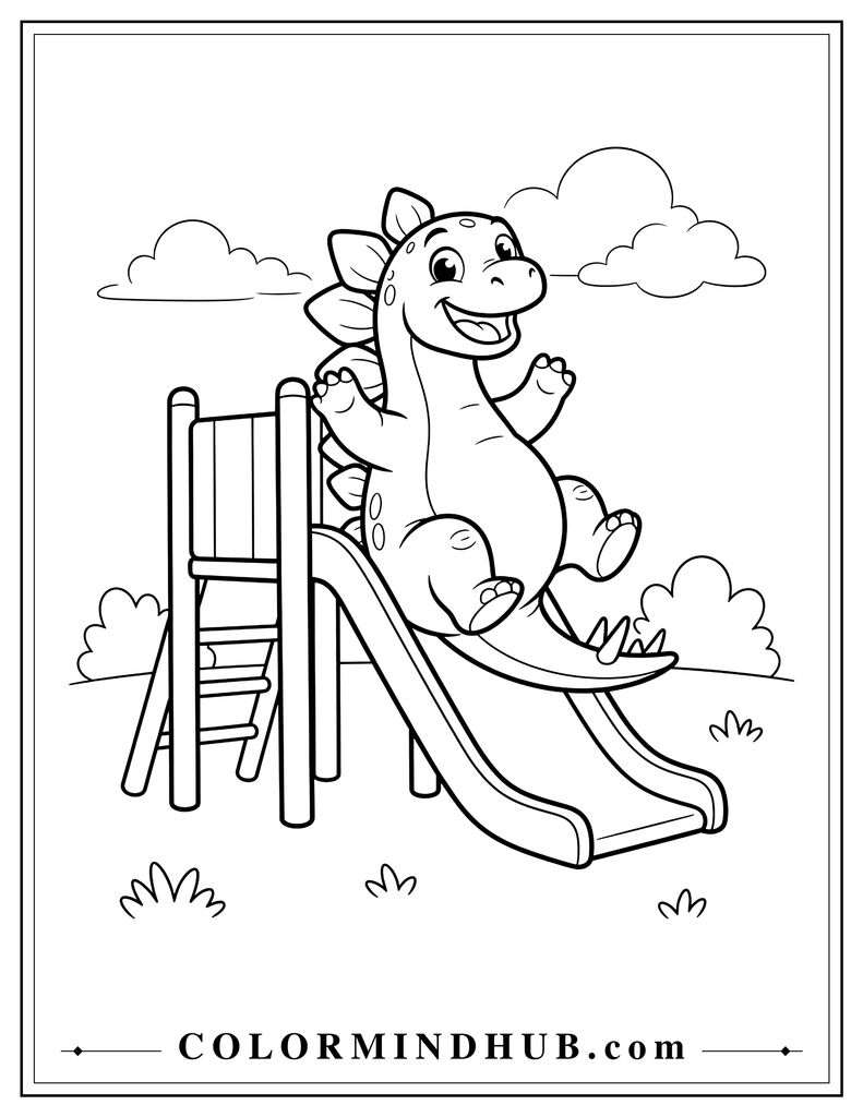 Cute Stegosaurus happily sliding down a playground slide