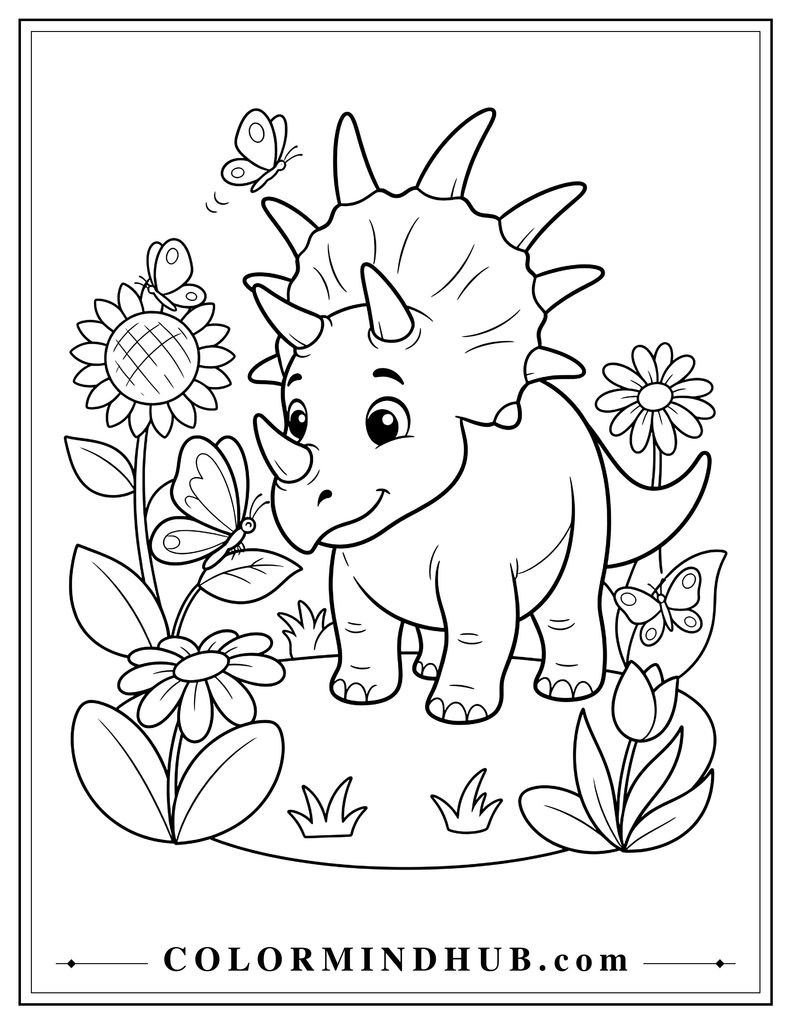 Cute Styracosaurus watching a butterfly near flowers in a small garden