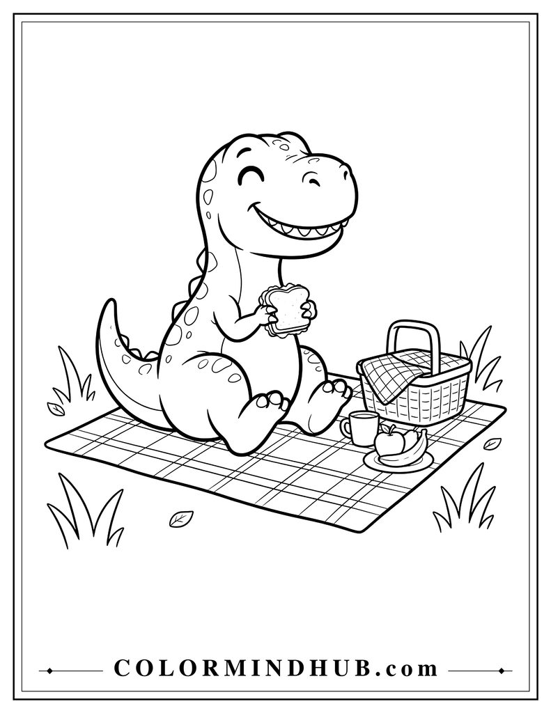 Cute T-Rex enjoying a picnic with a sandwich, fruit, cup, and picnic basket