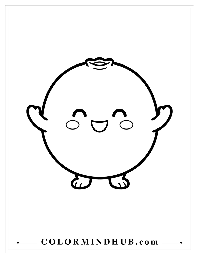 Adorable cranberry character with a happy smiling face, tiny arms, and rounded body - cute Thanksgiving coloring page