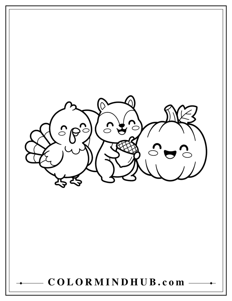 Cute turkey, squirrel, and pumpkin characters standing together with happy expressio