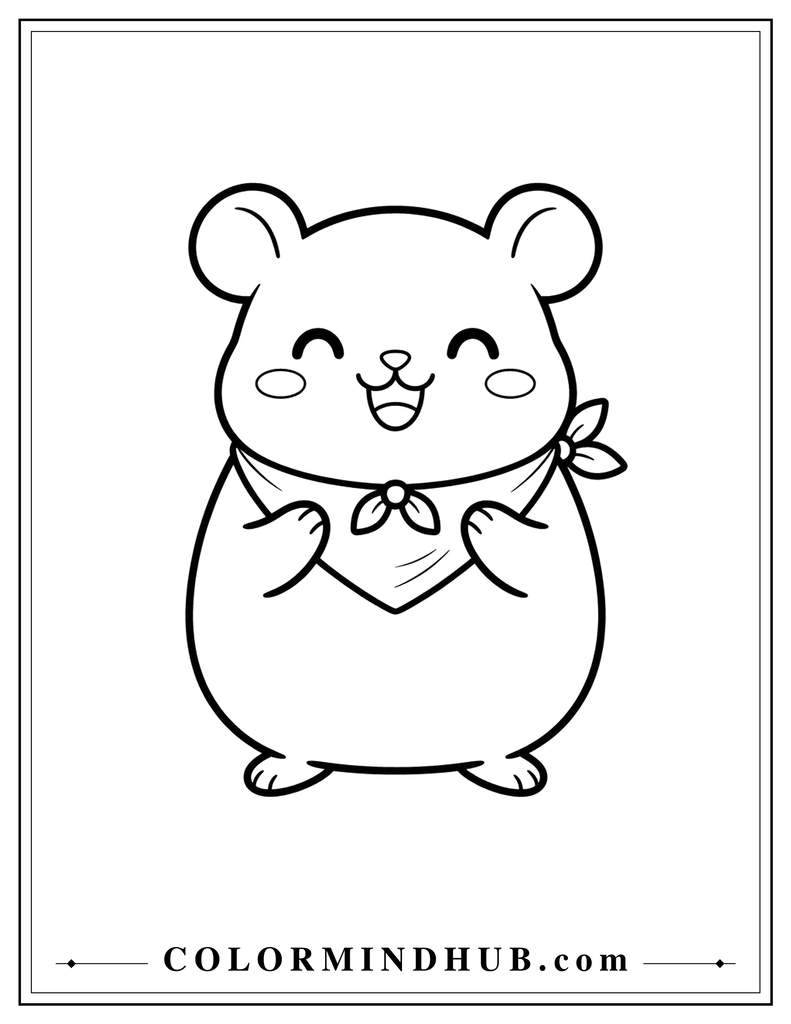 Adorable little mouse wearing a simple napkin around its neck with a cheerful expression - cute Thanksgiving coloring page