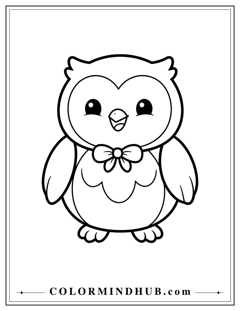 Cute round owl wearing a small autumn neck bow with large friendly eyes - Thanksgiving coloring page
