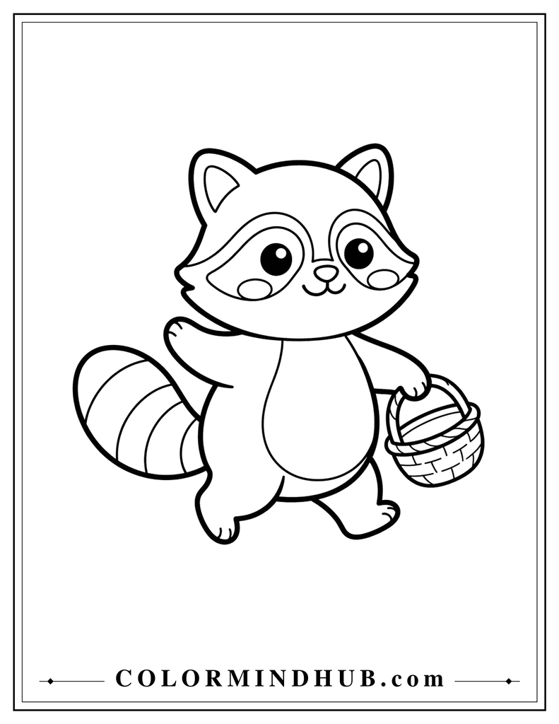 Adorable raccoon carrying a small empty harvest basket with a simple striped tail - Thanksgiving coloring page