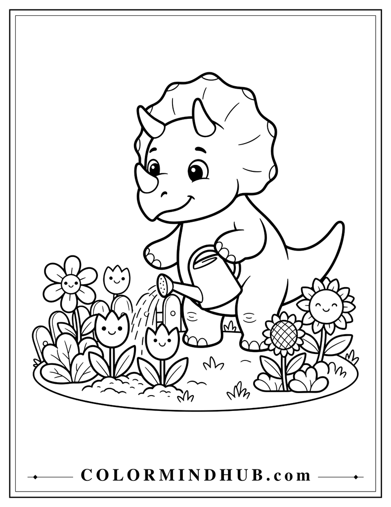 Cute Triceratops watering a small garden filled with flowers and leafy plants