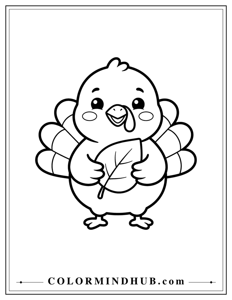 Smiling turkey character holding one large autumn leaf with a cheerful expression - cute Thanksgiving coloring page