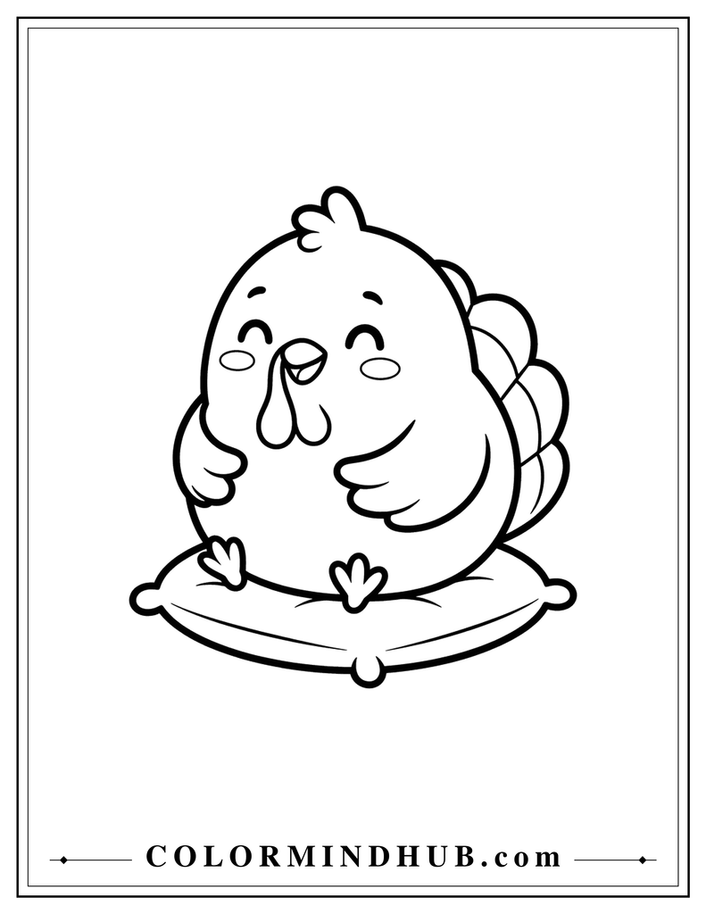 Cute round turkey resting happily on a small cushion with a friendly smiling face - Thanksgiving coloring page for kids