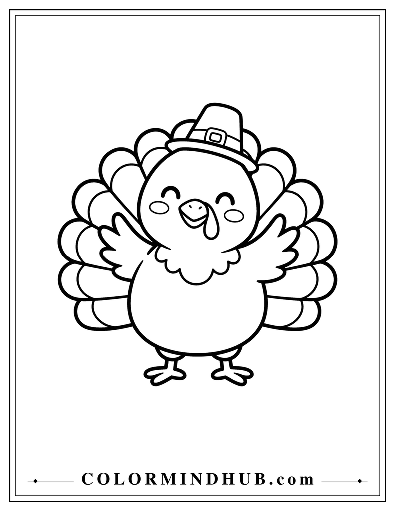 Cute round turkey wearing a small pilgrim-style hat with a cheerful smile - cute Thanksgiving coloring page