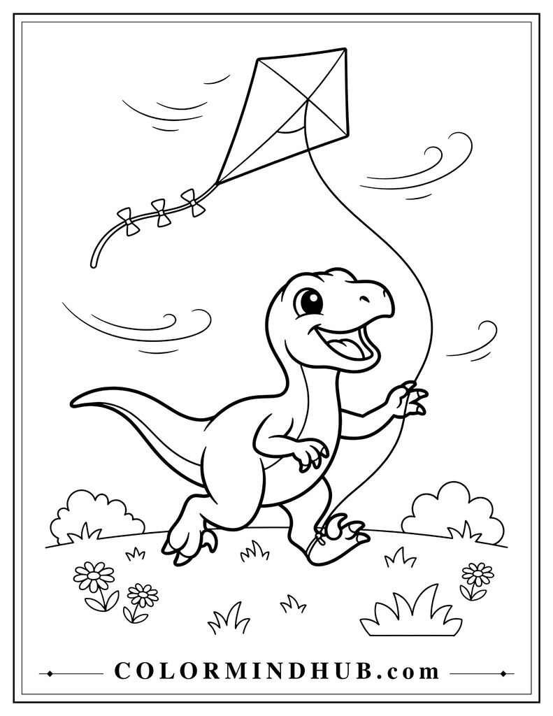 Cute Velociraptor running through a meadow while flying a large kite