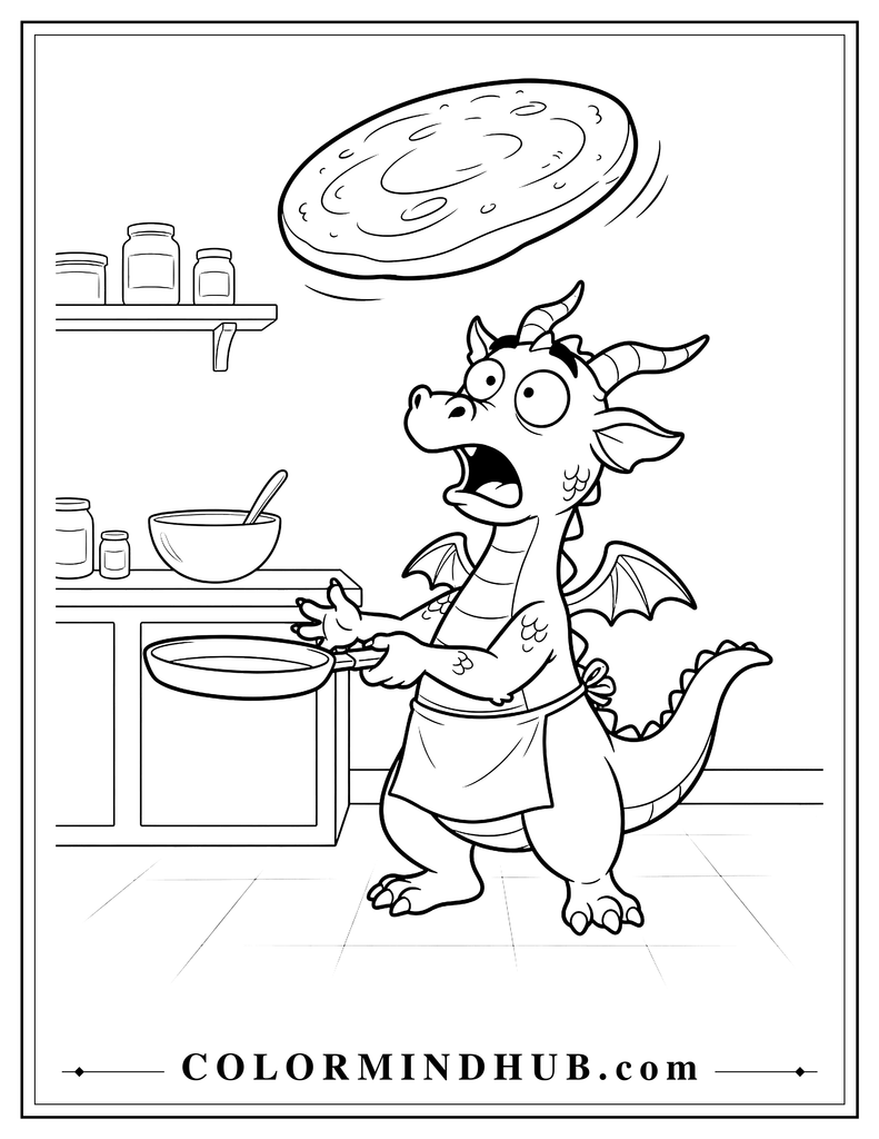 Funny dragon trying to flip a giant pancake high into the air with a frying pan, surprised expression and simple kitchen counter with a bowl and spoon, humorous dragon coloring page.