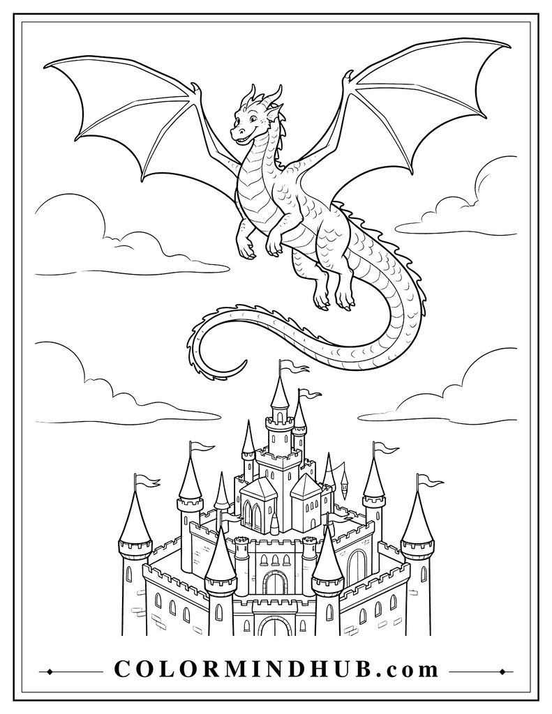 Dragon soaring above a fantasy castle with fully extended wings, flowing tail, castle towers and simple flags below, with large clouds in the sky, printable flying dragon coloring page.