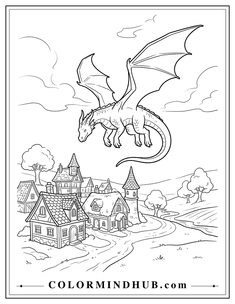 Graceful dragon flying over a small fantasy village with spread wings, unique houses, a winding road and trees below, peaceful aerial scene for a printable dragon coloring page.