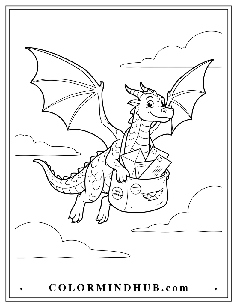Cheerful flying dragon carrying a large mail bag filled with envelopes while soaring through the sky with spread wings and clouds around it, printable flying dragon coloring page.