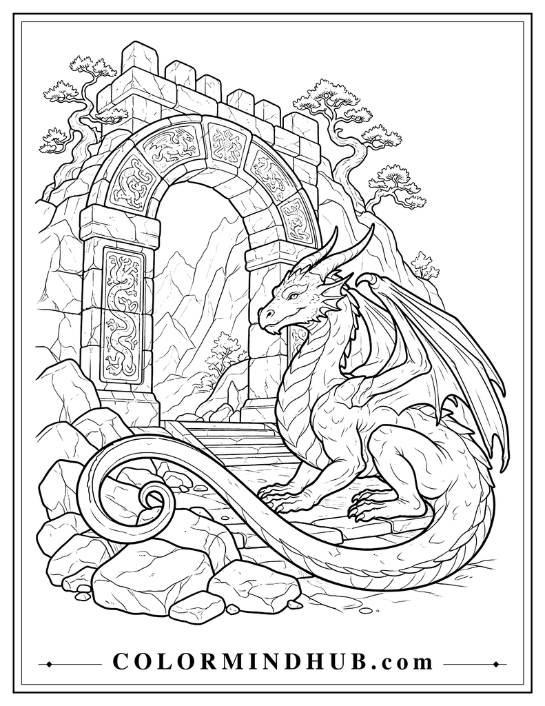 Majestic adult dragon with large folded wings and powerful horns resting beside an ancient stone mountain gate, detailed fantasy scene