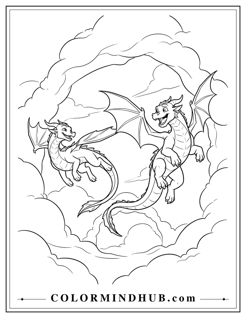 Two friendly dragons flying through large cloud arches in a playful sky race, each with a different flying pose and joyful expression, fun printable flying dragon coloring page.