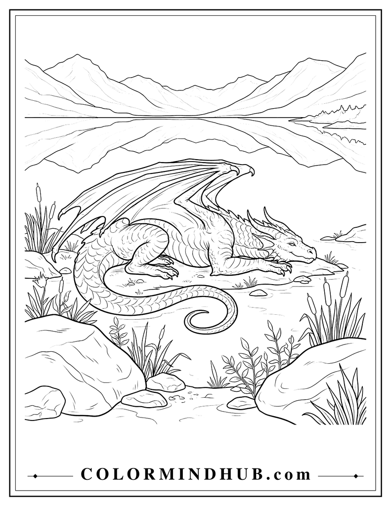 Majestic adult dragon resting beside a mountain lake with broad folded wings, large rocks, reeds and distant mountains reflected in the water, fantasy coloring page