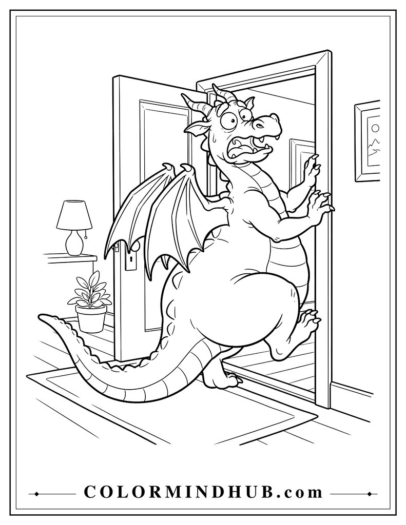Funny large dragon awkwardly stuck in a doorway that is too small, with folded wings, surprised expression and tail sticking outside, humorous printable dragon coloring page.