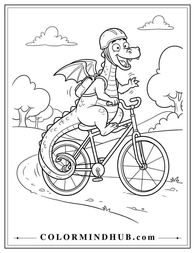 Funny dragon struggling to balance while riding an oversized bicycle, wearing a small helmet with its tail curving around the rear wheel, playful printable dragon coloring page.