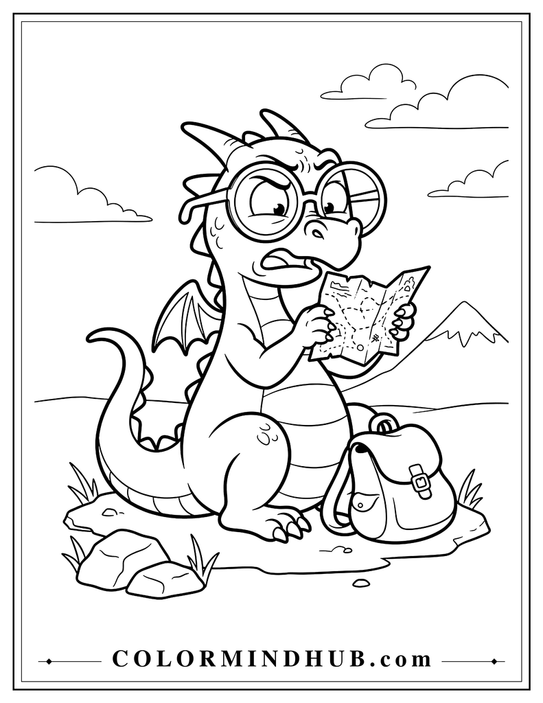 Funny dragon wearing oversized round glasses while trying to read a tiny map, with a confused expression and backpack beside it, creative printable dragon coloring page.
